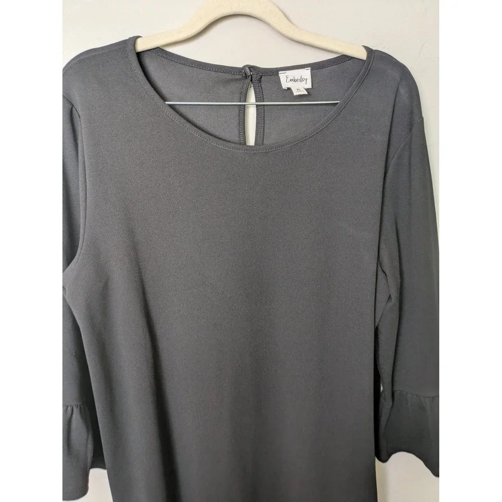 Emberley Shift Dress Women's XL Black Ruffle Bell Sleeve Round Neck Stretch‎
